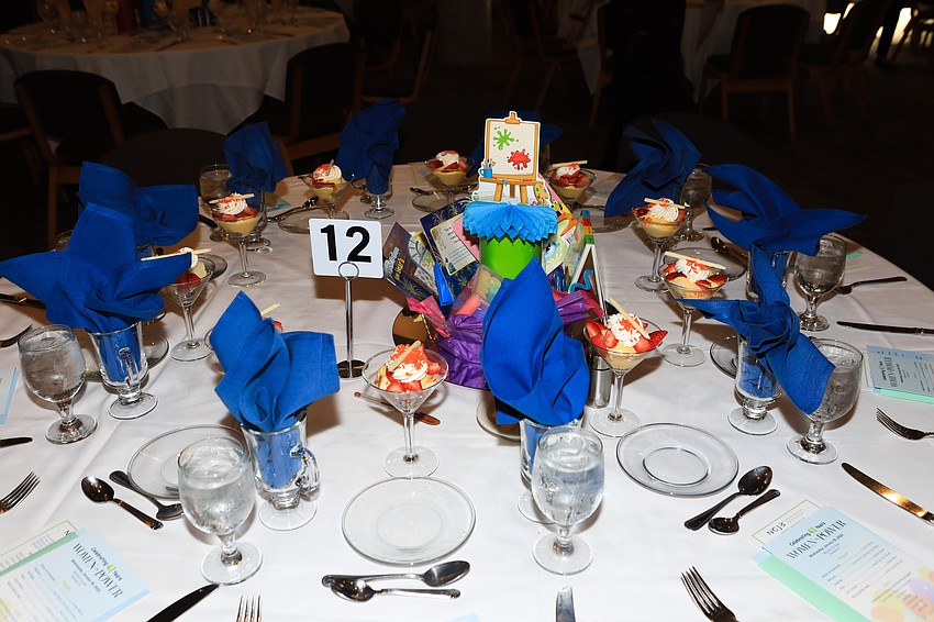 Table decor included school supplies that were later donated.