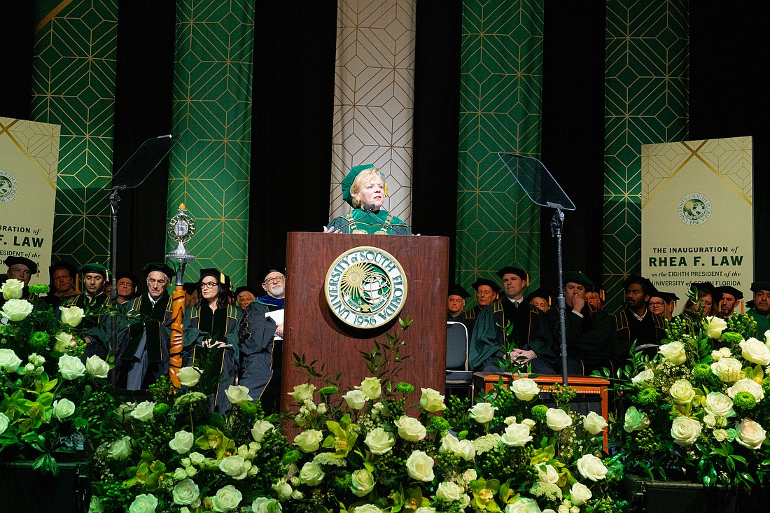 University of South Florida President Rhea Law delivers a speech to USF students, alumni, staff members, faculty and members of the Tampa Bay community during her inaugural address on Thursday, Jan. 19.