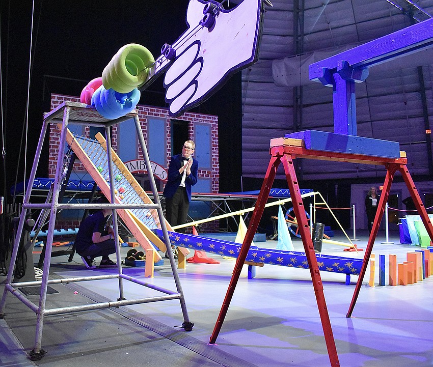 Bucky demonstrates how Newton's Laws work in Circus Arts Conservatory's Circus Machine.