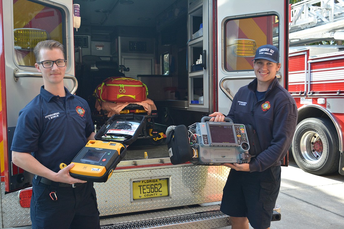 Firefighter/paramedics Trey Bowlin and David Oliger show two kinds of AEDs the department has in their possession.