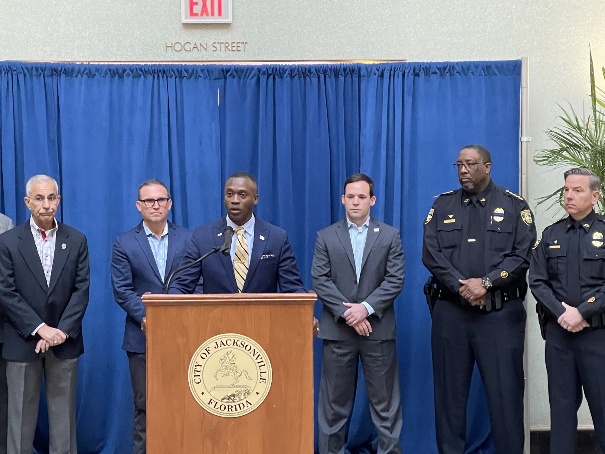 Council President Terrance Freeman speaks Jan. 19 watched by Councilmember Ron Salem, Mayor Curry, Councilmember Rory Diamond and the Sheriff T.K. Waters.