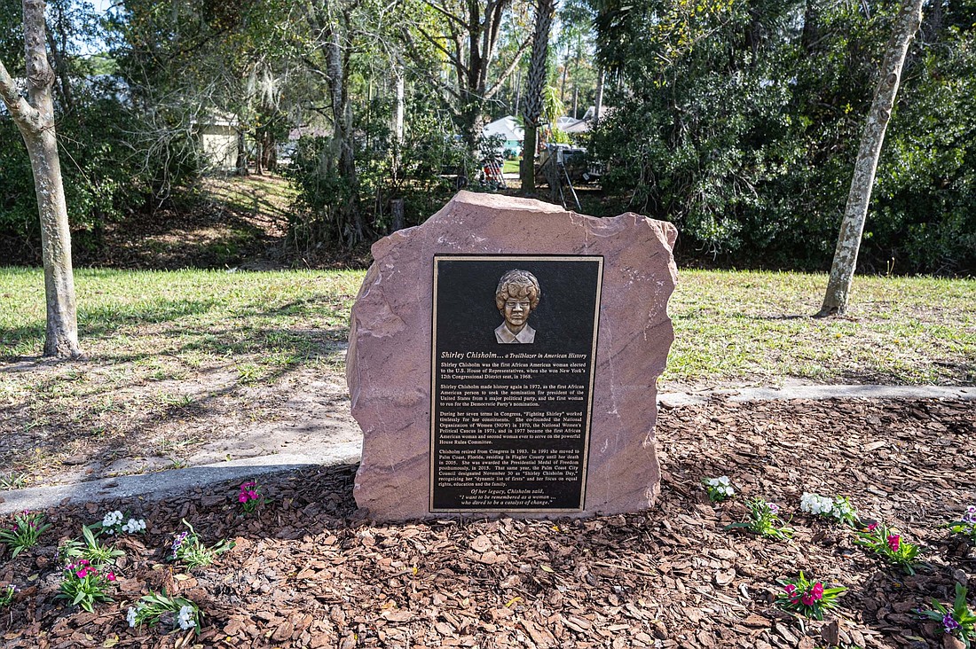 The plaque at the Shirley Chisholm Trail. Photo by Adelet Kegley, courtesy of the Democratic Women's Club of Flagler County