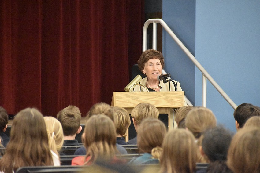 Ginette Hersh shares her story as a Holocaust child survivor to Southside Elementary students.