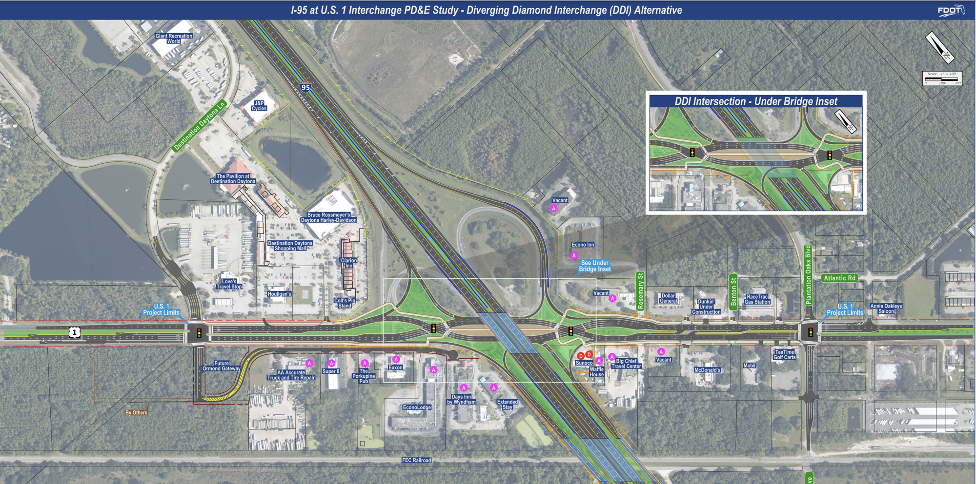 A map showing what the diverging diamond alternative would look like at the U.S. 1 and I-95 interchange. Visit cflroads.com/project/419772-2 to see the other designs. Courtesy of FDOT