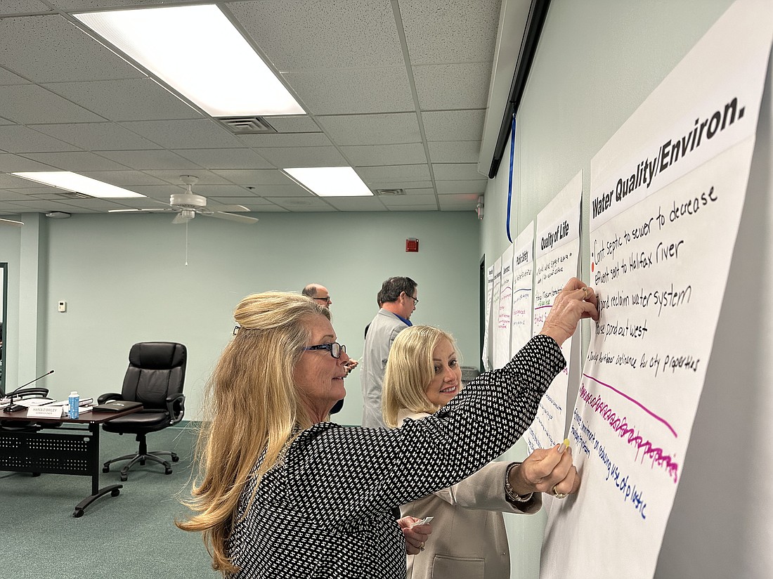 Ormond Beach City Commissioners Lori Tolland and Susan Persis place colored dots besides the ideas and issues they feel should be prioritized.