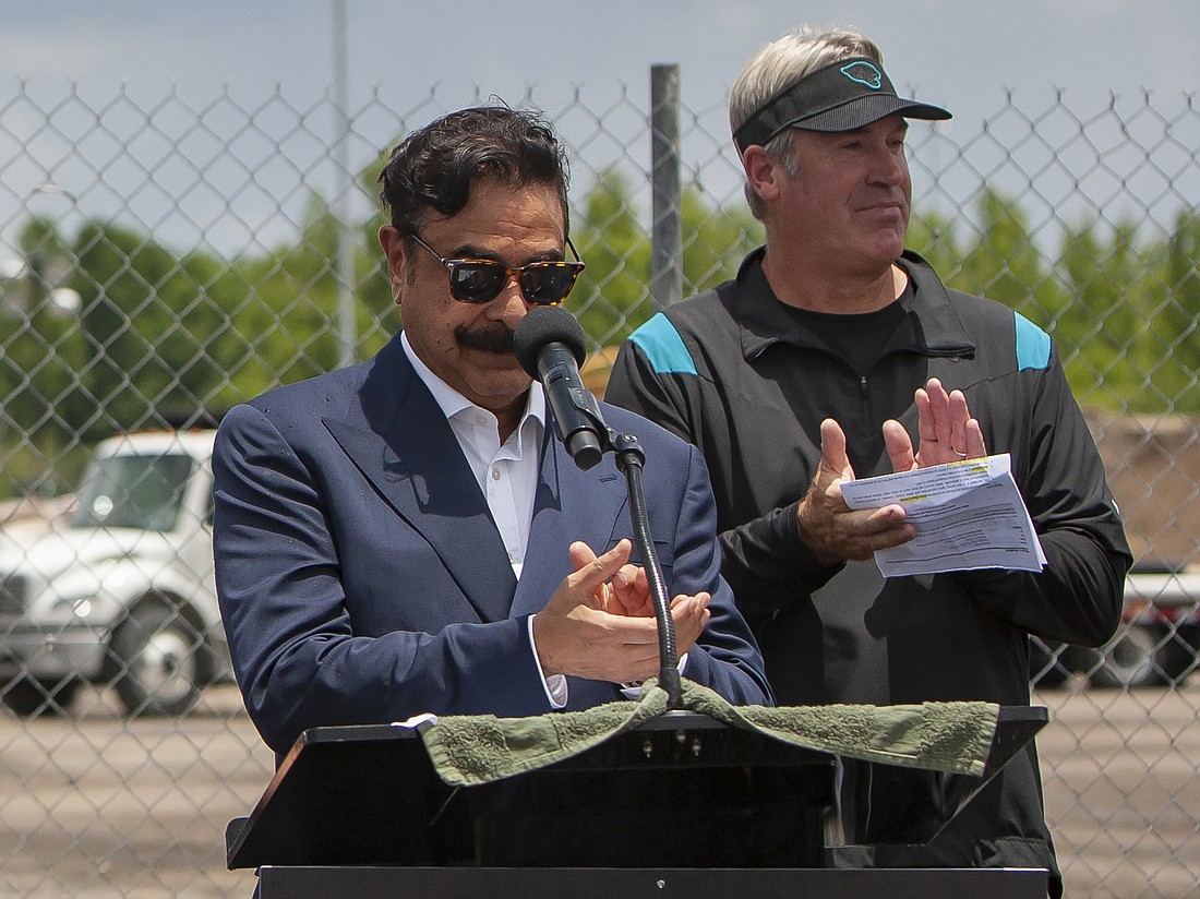 Jacksonville Jaguars owner Shad Khan and head coach Doug Pederson at the announcement in June of Miller Electric Center next to TIAA Bank Field.