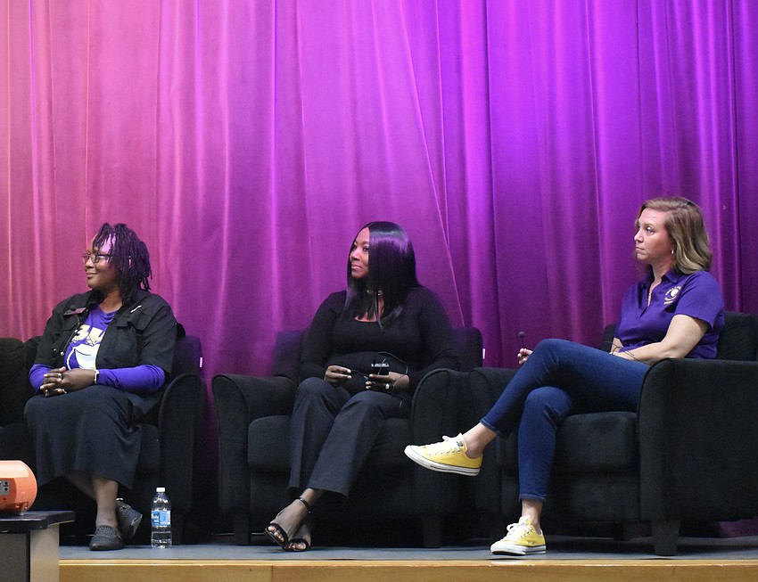 Booker High School principal Rachel Shelley, Booker Middle School principal Dr. Frost and Emma E. Booker Elementary School principal Cameron Parker sit together for panel.