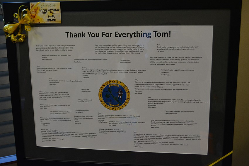 Town staff submitted notes of congratulations and well wishes for Tom Harmer's retirement as town manager.