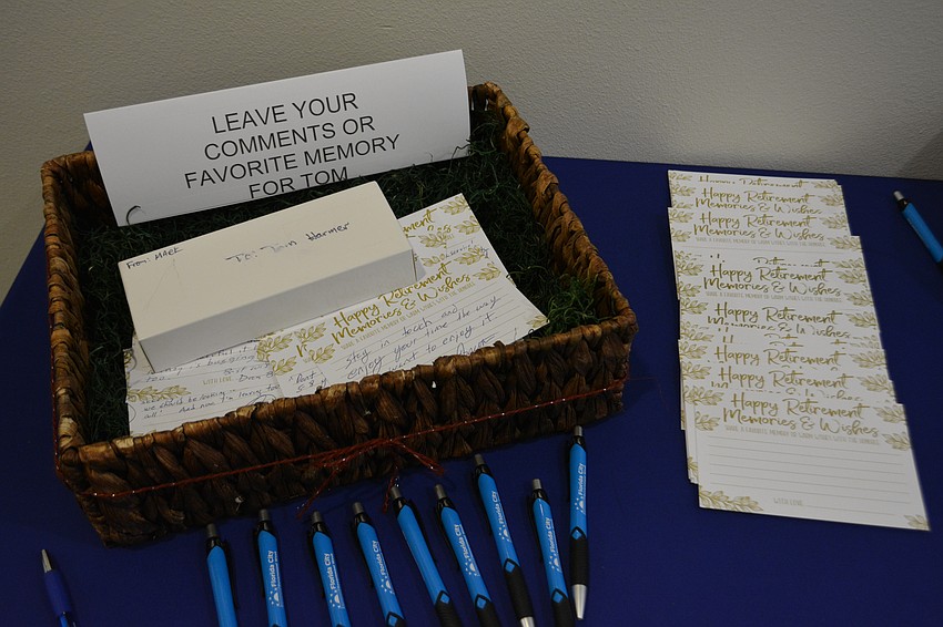 Residents and colleagues were able to write notes to Tom Harmer on notecards at his retirement party.