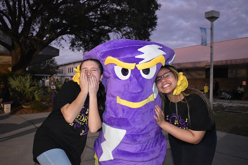 Olivia Schaedler-Luera, Tornado and Karen Barbosa celebrate Bookerfest at Booker Middle.