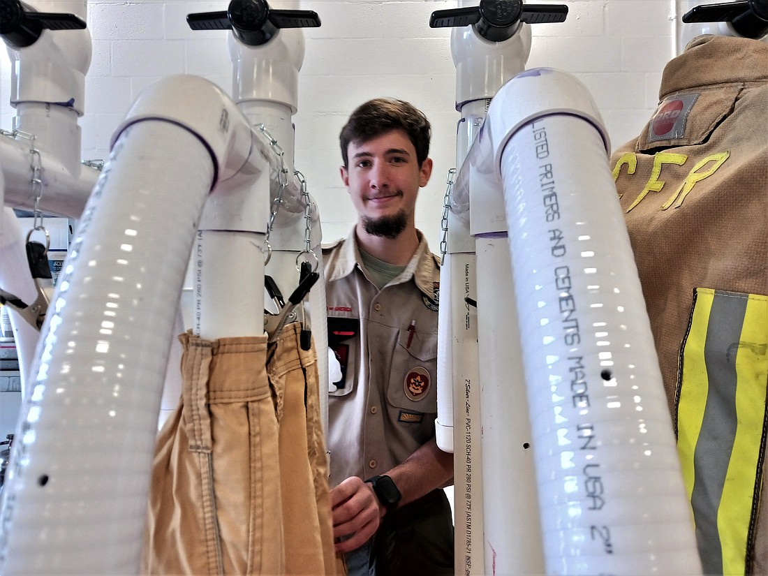 Andrew Wheeler demonstrates his Eagle Scout project On Feb. 3 at Flagler County Fire County Fire Rescue Station 62 in Bunnell.