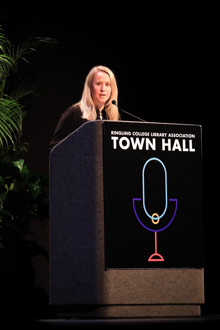 Ringling College Library Association Executive Director Lauren Kurnov opens the program.