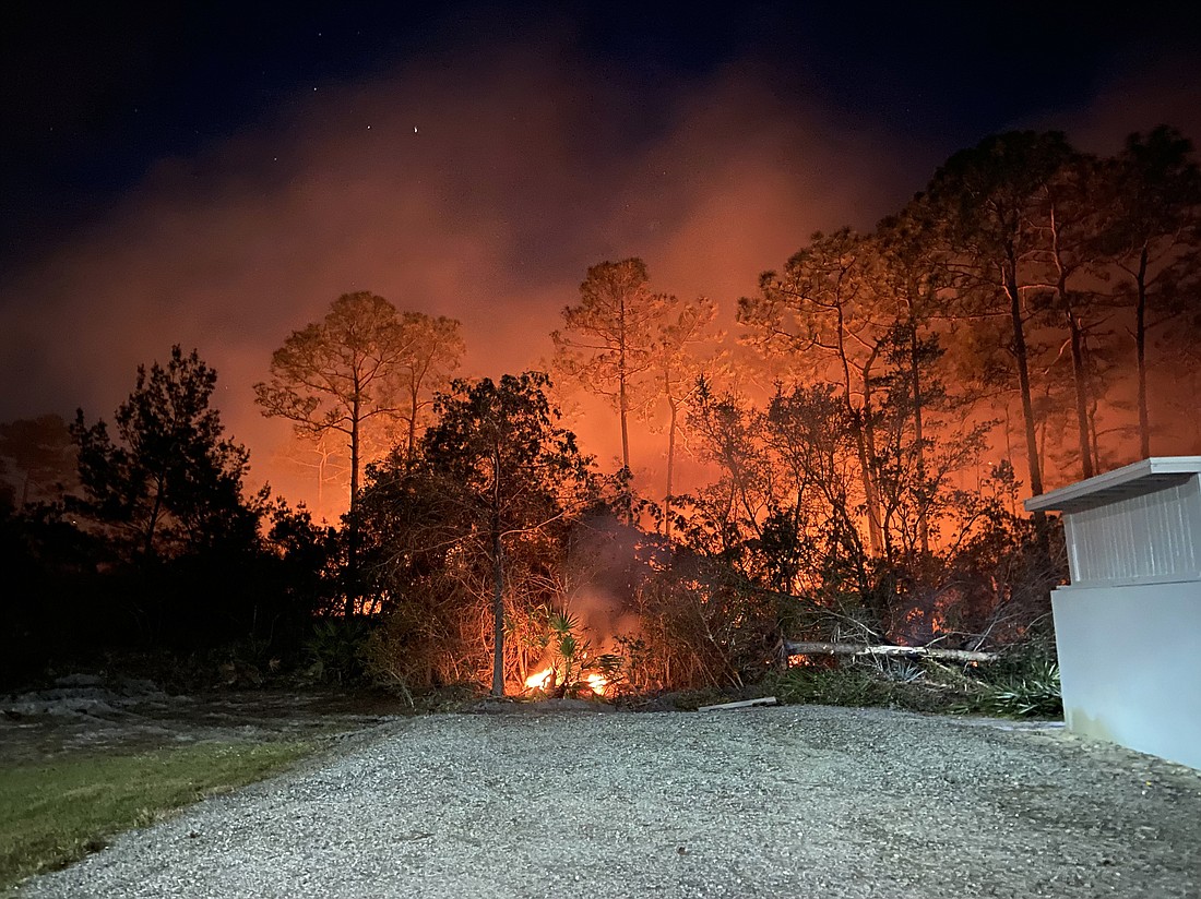 Two wildfires burned about 25 acres of wooded land in unincorporated Volusia County between Cypress Trail Drive and Oak Street near Ormond Beach on Monday evening. Photo by Jarleene Almenas