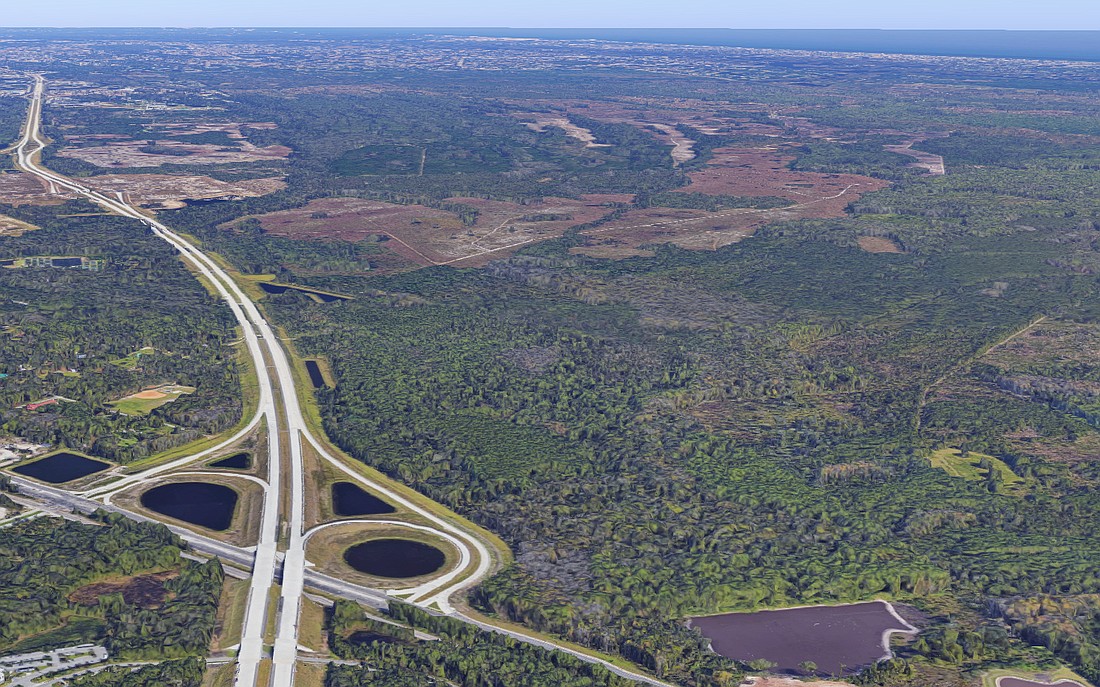 A satellite image of the Big Creek Timber property area, which stretches for 10 miles east of Interstate 295, Florida 9B and Philips Highway.