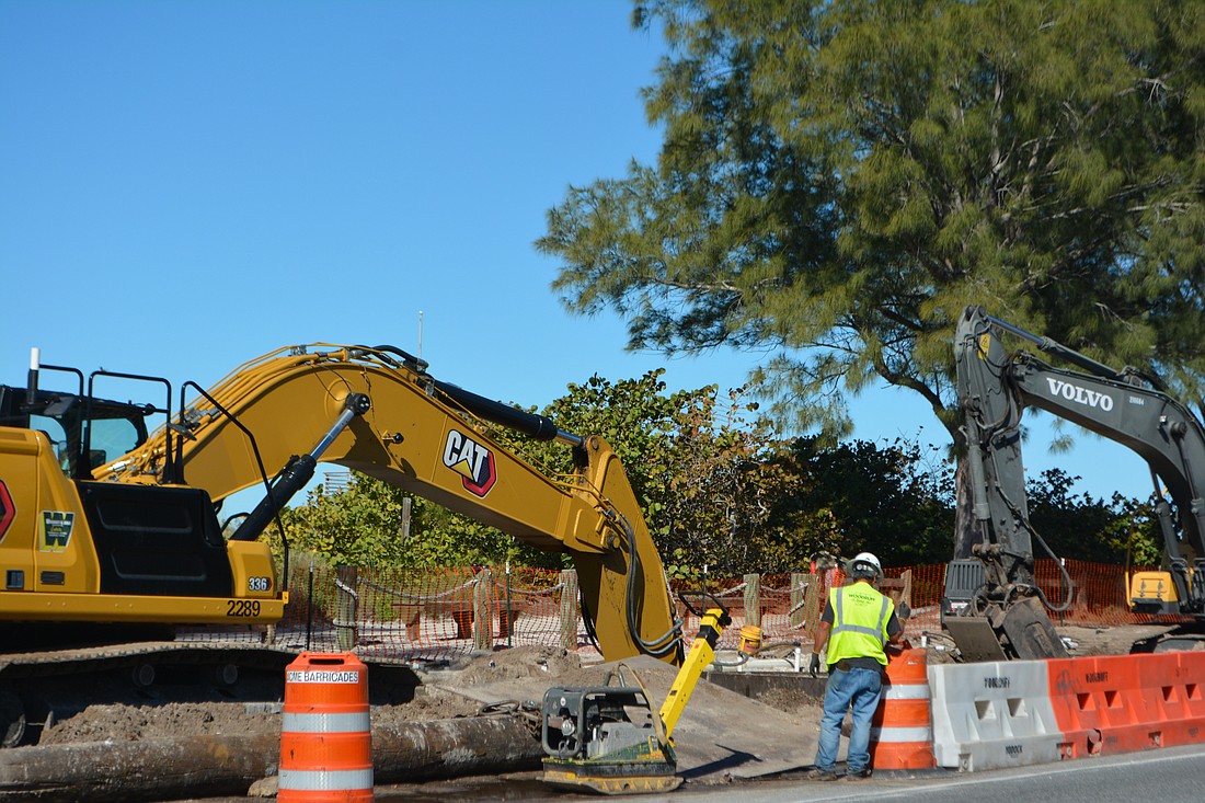 Crews work on the Bradenton Beach sewer line replacement Tuesday morning.