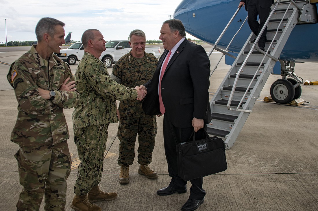 Cybersecurity company Ridgeline International says it expanded to Tampa because of the presence of MacDill Air Force Base. MacDill staff are seen here welcoming former Secretary of State Mike Pompeo in 2019.