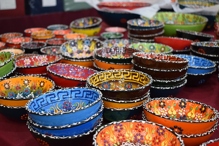 Pottery items are on display at the market.