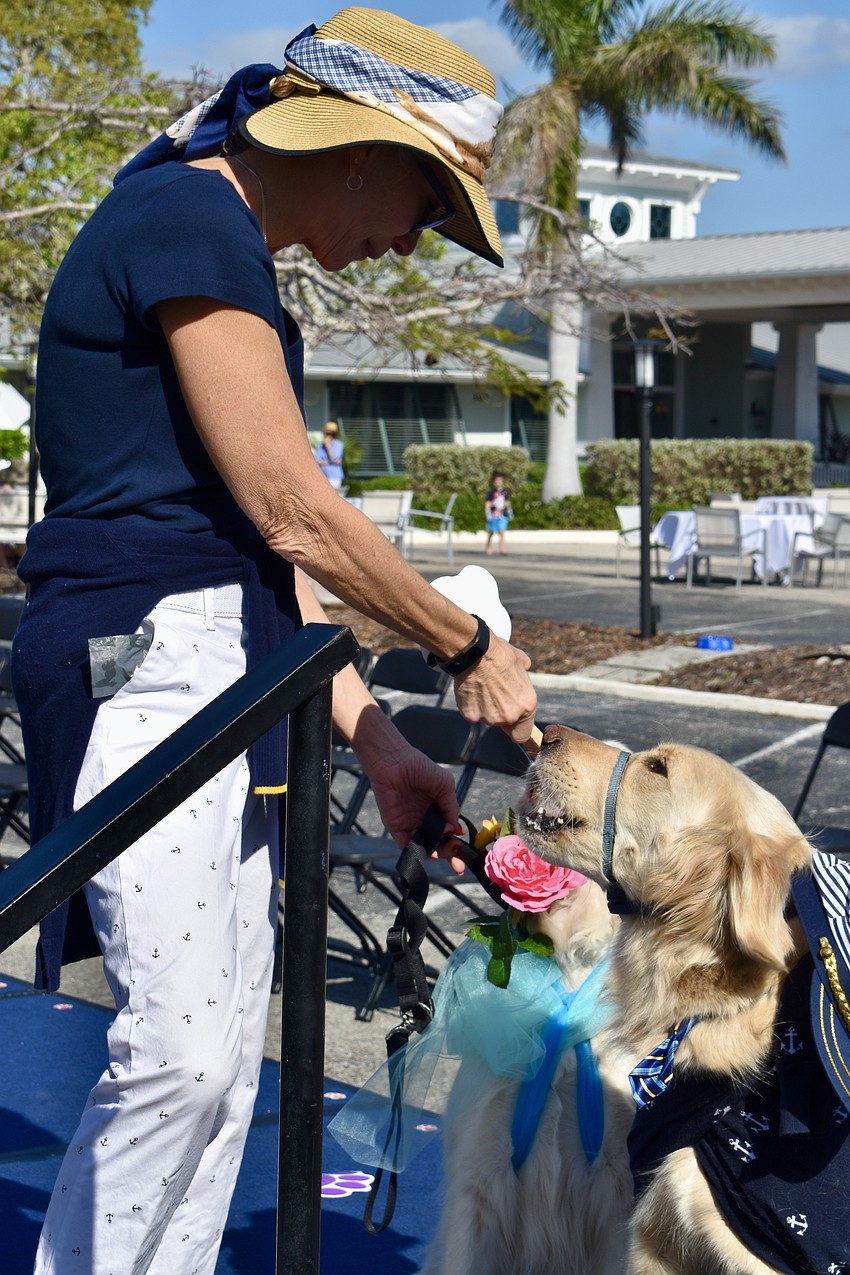 Carole Chrisman offers treats to Molly and Cooper to coax them off the stage.