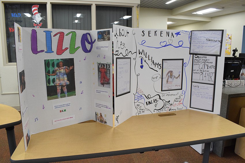 Students have their projects on prominent Black Americans on display in the media center.