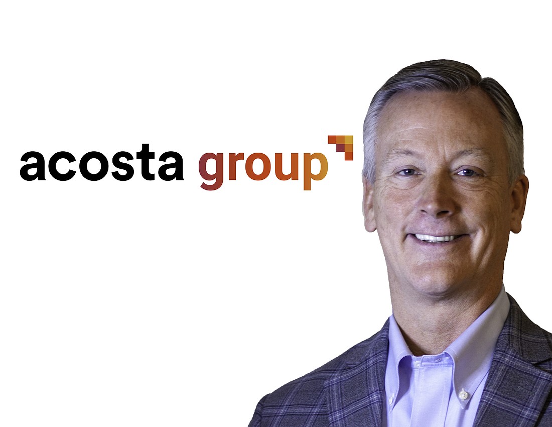 Acosta CEO Brian Wynne and the company's new logo. The company announced Feb. 28 it is rebranding itself as the Acosta Group.