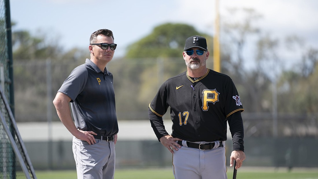Pittsburgh Pirates GM Ben Cherington, left, with Derek Shelton, the manager. Shelton was the hitting coach for the Tampa Bay Rays from 2010 to 2016.