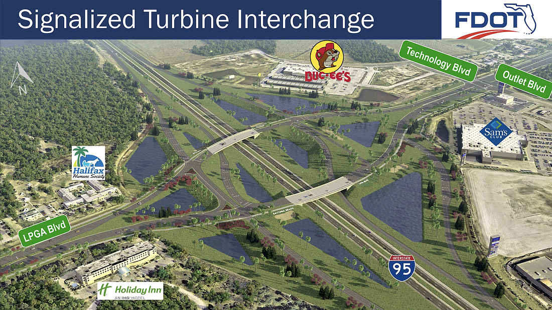 The I-95 interchange could be redesigned as a signalized turbine interchange. It is currently a partial cloverleaf design, according to the presentation. Courtesy of FDOT
