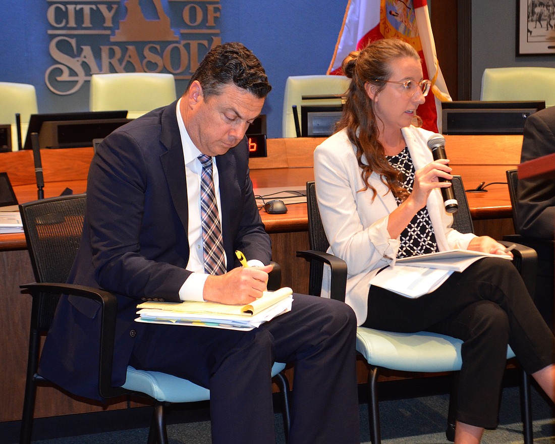 General Manager of Planning Ryan Chapdelain makes notes while Senior Planner Briana Dobbs speaks during the March 1 Affordable Housing Town Hall. Staff will present its plan to incentivize developers to the Sarasota City Commission