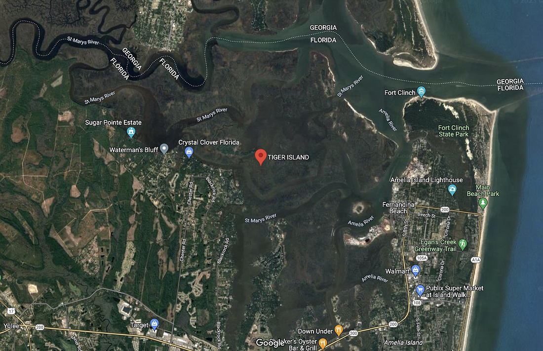 Tiger Island and Little Tiger Island are in the marshes just west of Fernandina Beach. Image from Google Maps