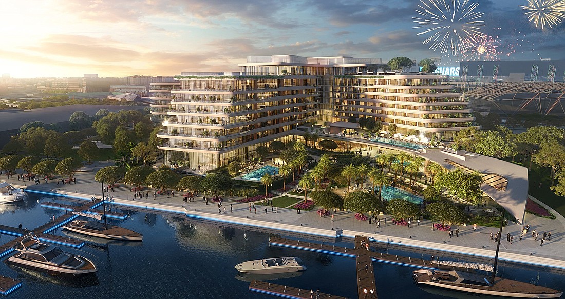 An artist’s rendering of the Four Seasons hotel and residences on the Downtown Northbank of the St. Johns River, south of TIAA Bank Field.