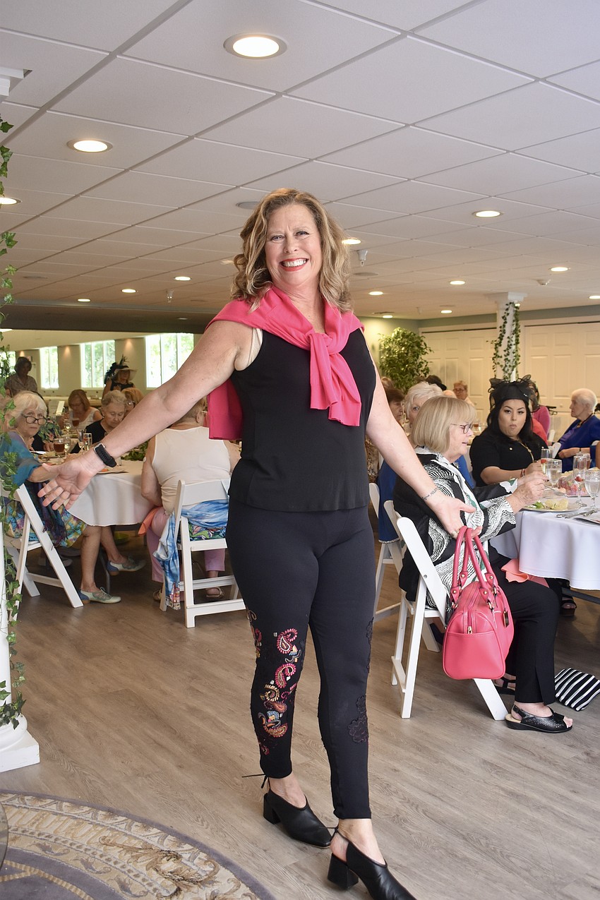 Christie Mazurek models embellished leggings with a pink cadigan from The LImited.