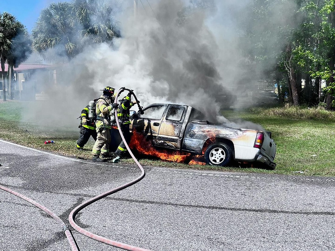 The Palm Coast Fire Department and Flagler County Fire Rescue worked together to put out the flames on a stolen pickup truck at Palm Coast Parkway and Highway U.S. 1.