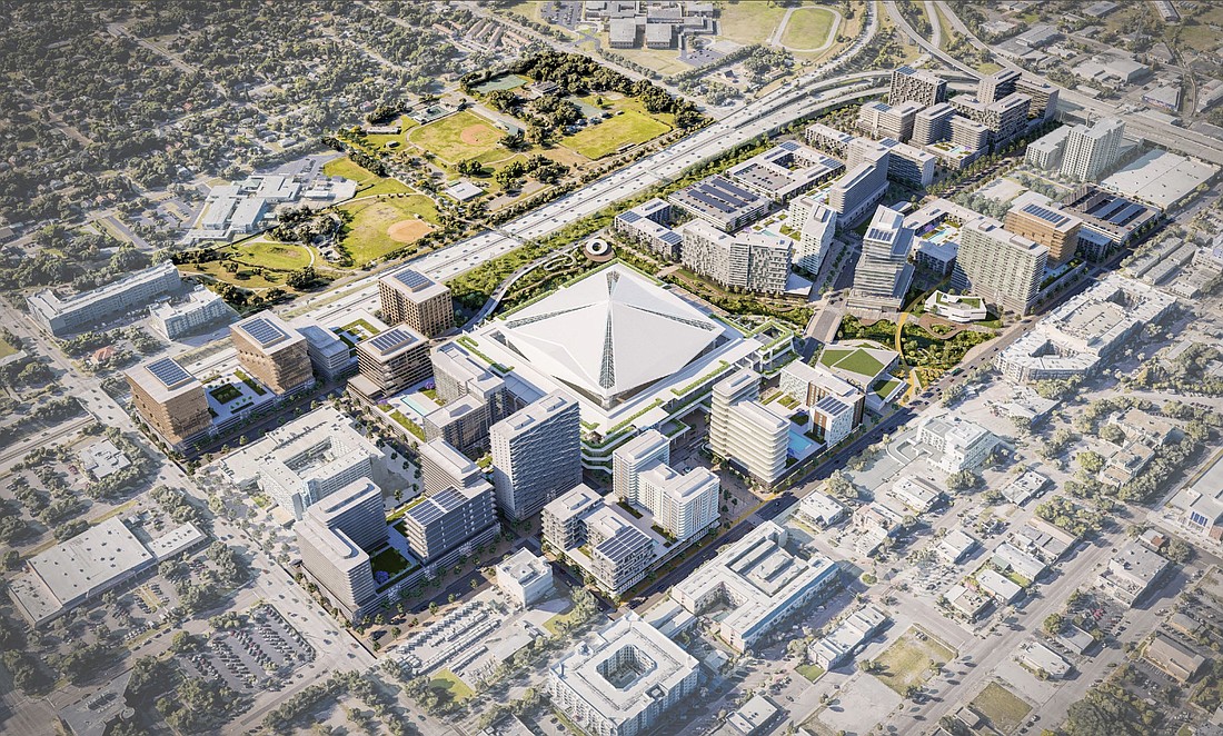 A rendering of the Rays/Hines proposal for downtown St. Pete's 86-acre Tropicana Field site, also known as the Historic Gas Plant District.