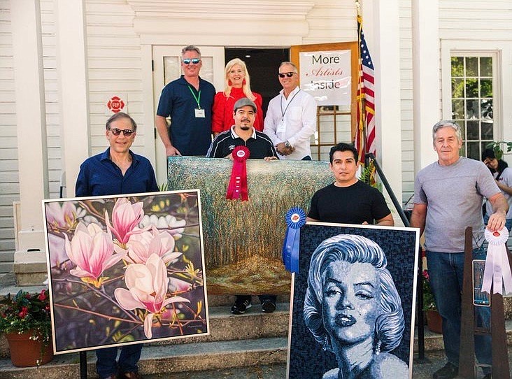 The adult winners included Terry Mamounas for best in show, Ivaldo Robles with second place, Cristiam Ramos with first place and Nick Bingham with third place. Pictured with two artist judges and Windermere Arts Chair Anne Scharer.