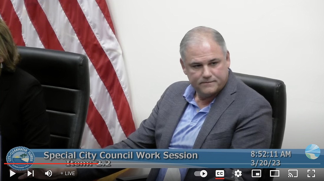 Clearwater Mayor Frank Hibbard is shown in a screenshot from a livestream of Clearwater City Council's March 20 special budget session, shortly after he announced his decision to immediately resign.