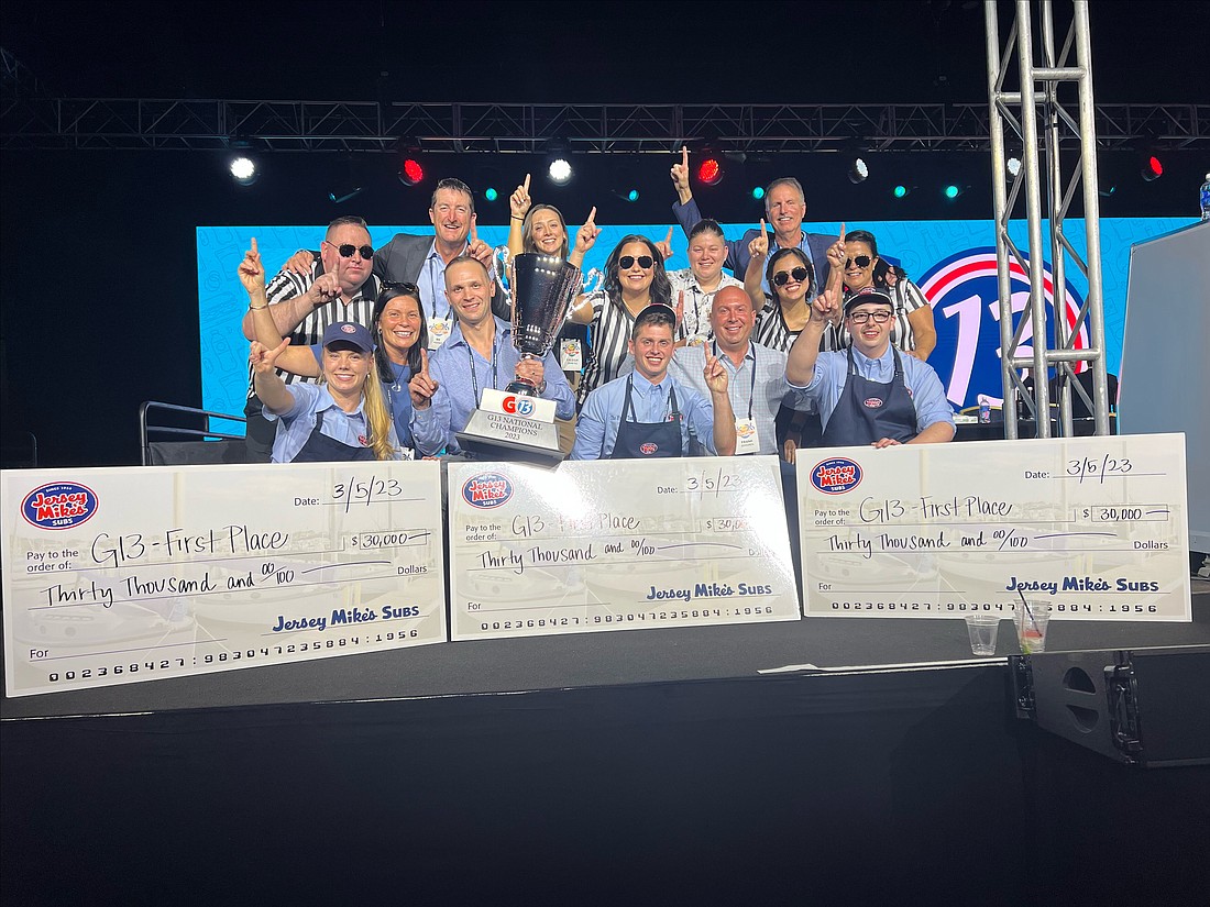 The sub team — which comprised Victoria Cortese (sprinkler), Dakota Thompson (slicer) and Chris Morrone (wrapper) — took home the trophy at the Jersey Mike’s National G13 Sub-Making Championship held at the national conference in Orlando.