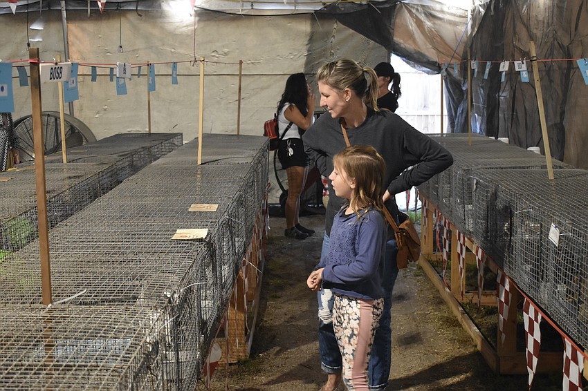 Amanda Bontrager and 9-year-old Claire Bontrager look at the poultry cages.