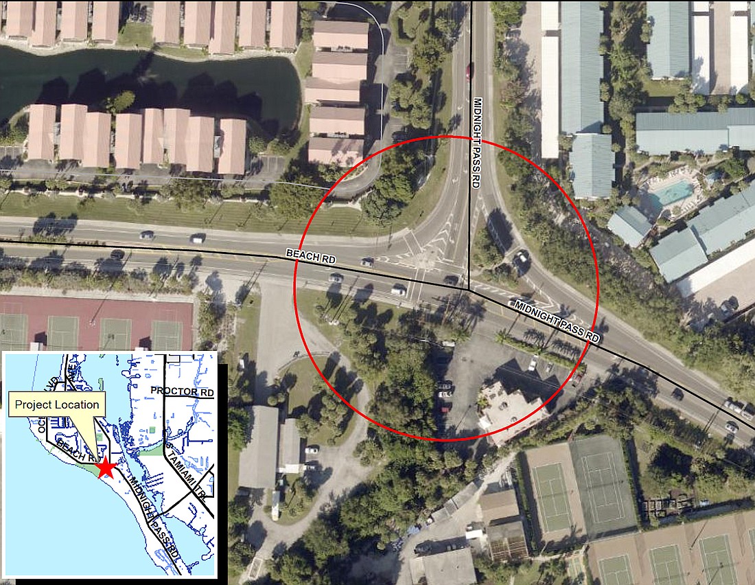 Construction of an FDOT-funded roundabout at Midnight Pass and Beach roads on Siesta Key is scheduled to begin construction in the second half of 2024.