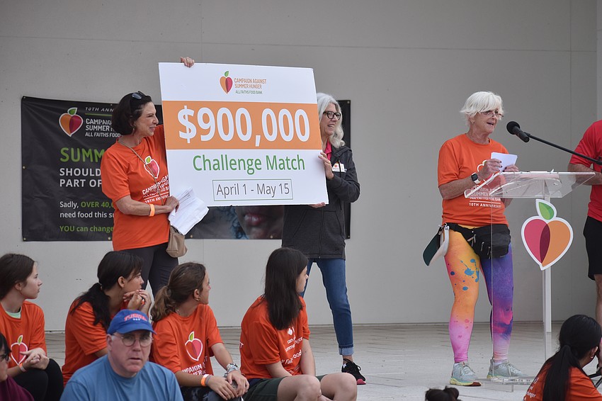 Campaign Against Summer Hunger co-chair Lisa Keverian-Press, All Faiths Food Bank CEO Sandra Frank and campaign co-chair Clare Segall announce a matching challenge for the food bank at the March 2023 fundraising campaign.
