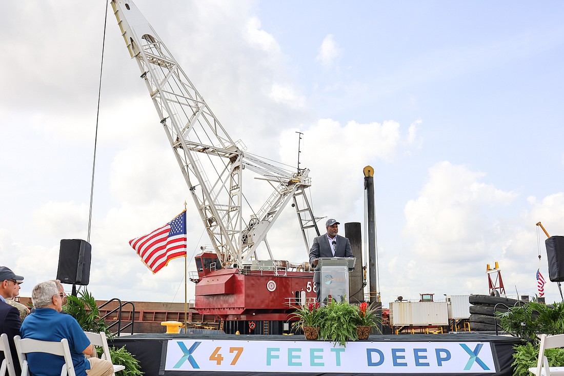 JaxPort CEO Eric Green speaks at the ceremony to mark the completion of the Jacksonville Harbor Deepening Project through JaxPort’s Blount Island Marine Terminal on May 22, 2022.