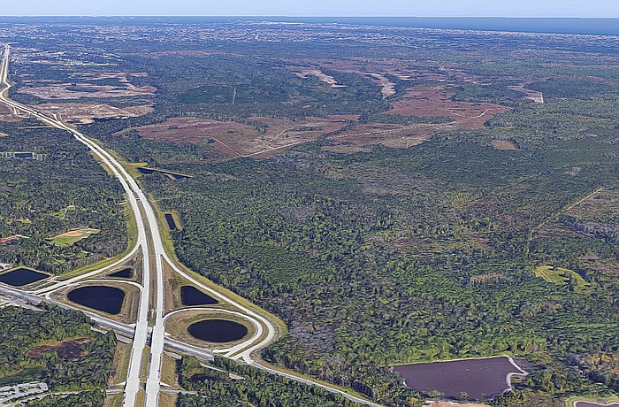 A satellite image of the Big Creek Timber property area, which stretches for 10 miles east of Interstate 295, Florida 9B and Philips Highway.