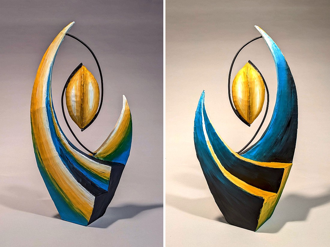 Rising Coalescence by artist Aisling Millar McDonald of Jacksonville, shown in two views. She will produce a 16-foot-tall, powder-coated, mild steel sculpture that will be outside the Jacksonville Jaguars entry lobby.