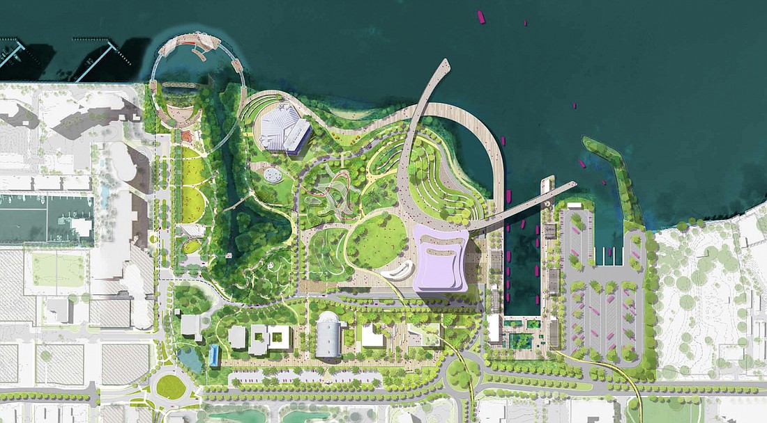 The conceptual drawing for The Bay master plan includes a site for a new Sarasota Performing Arts Center, shaded in purple.