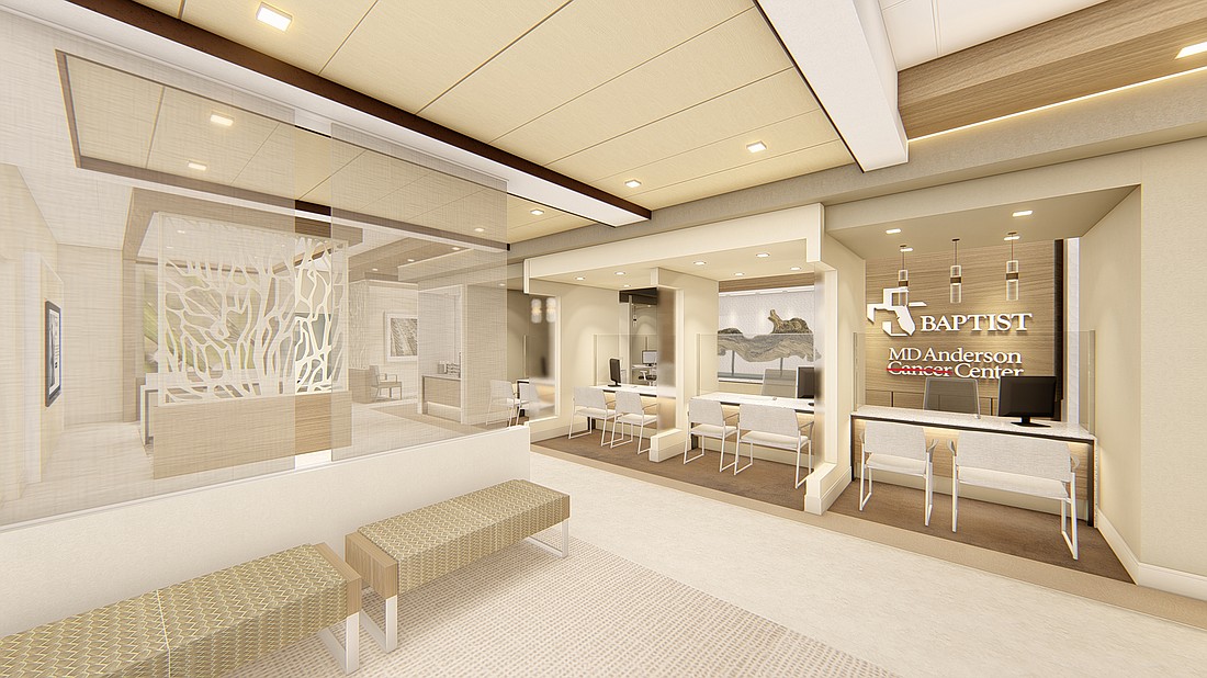 A rendering of the lobby space at the new Baptist MD Anderson Cancer Center at Baptist Clay in Fleming Island.