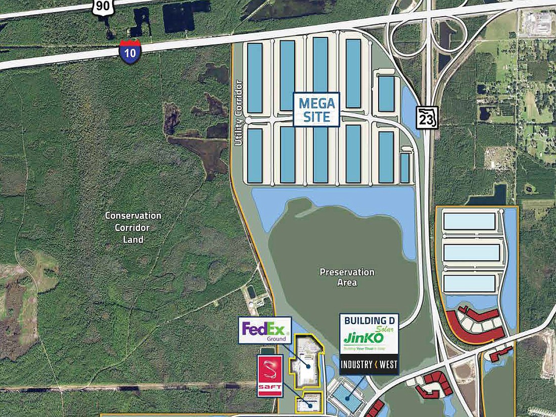 A map of AllianceFlorida at Cecil Commerce Center shows the megasite at Interstate 10 and Cecil Commerce Center Parkway. Dallas-based Hillwood is the master developer of AllianceFlorida.