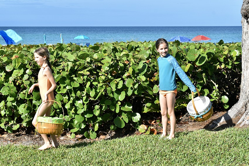 Callie and Sadie Cerenuga look for eggs by the seagrapes.
