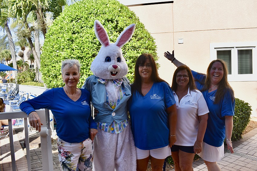 The Sand Cay staff poses with the Easter Bunny: Lyn Sorensen, Heather Diggens, Melissa Siolino and Sara Whitney.