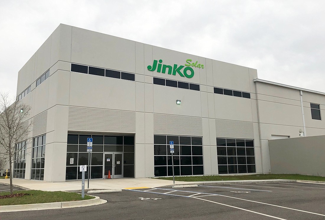JinkoSolar’s only domestic manufacturing plant is a 283,652-square-foot facility at 4660 POW-MIA Memorial Parkway, Suite 200, at AllianceFlorida at Cecil Commerce Center in West Jacksonville.