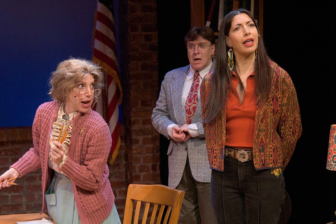 Ellie Mooney, Kraig Swartz, and Anat Cogan star in "Visit Joe Whitefeather (and bring the family!)" at Florida Studio Theatre.