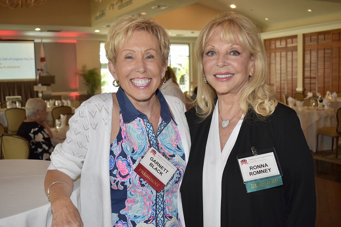 Club president Garnett Black and guest speaker Ronna Romney