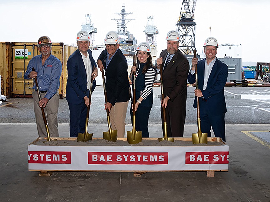 From left, Vic Williams, BAE Systems Jacksonville Ship Repair employee; Paul Smith, BAE Systems Ship Repair vice president and general manager; Tim Spratto, BAE Systems Jacksonville Ship Repair vice president and general manager; Kelly Pearlson Fraind, Pearlson Shiplift Corp. president and COO; U.S. Rep. Aaron Bean; and Jeremy Tondreault, BAE Systems Platforms & Services Sector president.